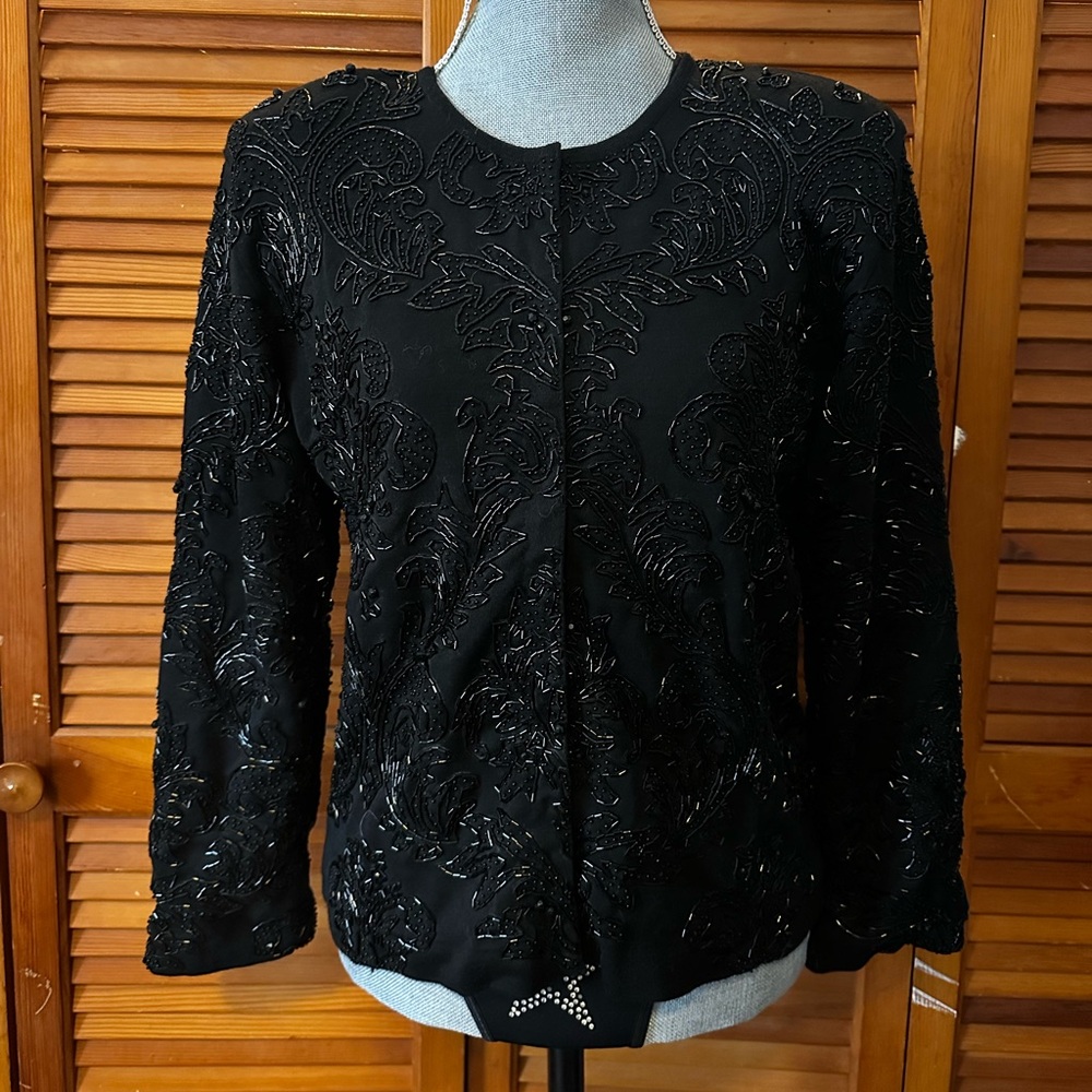 Vintage Adrienne Vittadini Black Beaded 100% Wool Blazer